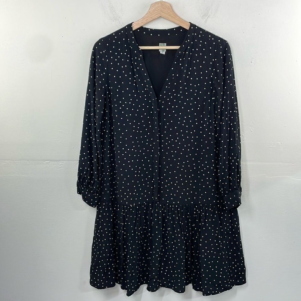 Gap Drop Waist Polka Dot Ruffled Shift Dress 3/4 sleeve Size 8 Black